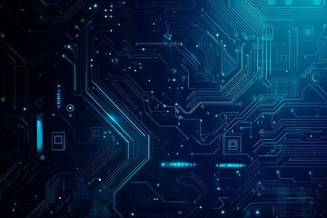 Abstract close-up of a glowing blue digital circuit board, showcasing intricate connections and technological design on a black background.
