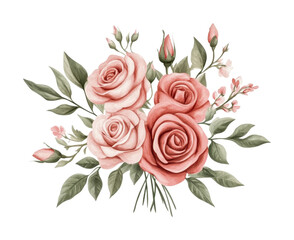 Beautiful bouquet of pink roses and delicate buds arranged with lush green leaves for floral decor or greeting cards, cut out