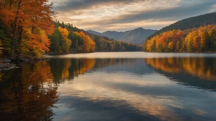 Fototapeta premium Still and Peaceful Lake Surrounded by Autumn Trees at Sunset 