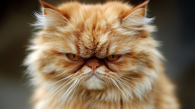 Angry ginger cat stares intently outdoor blurry