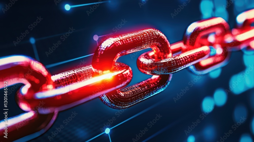 Poster glowing blockchain network chain link in digital cyberspace representing chaos