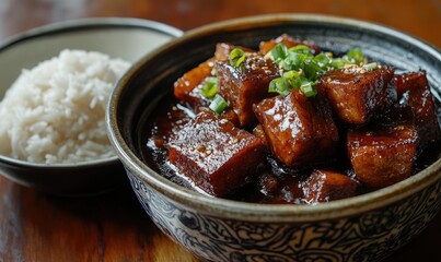 A bowl of meat and rice with a bowl of rice on the side