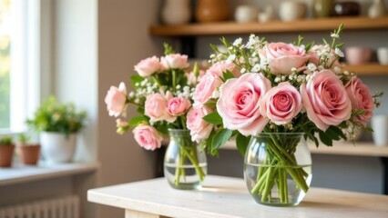 Obraz premium bouquets of fresh flowers, compositions of delicate pink roses in glass vases, wedding, bridal bouquet, flower shop interior, pastel shades