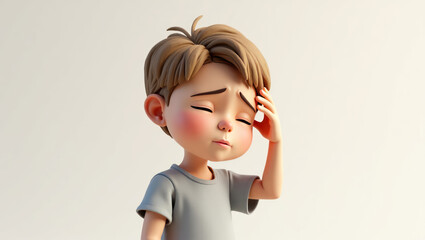 A 3D render of a young boy expressing discomfort or headache with a distressed facial expression.