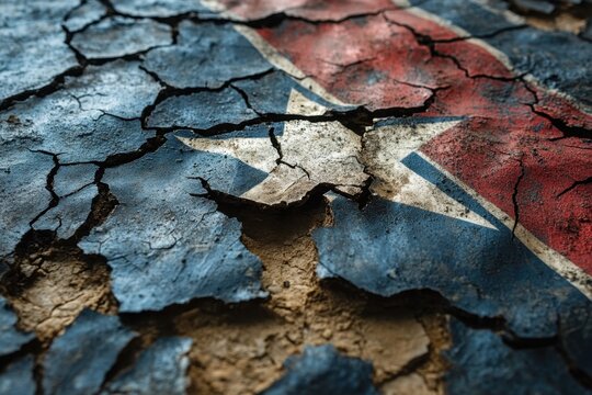 Cuban Flag in Distress: The vibrant colors of the Cuban flag, red, white, and blue, appear weathered and cracked, symbolizing resilience and the challenges faced.