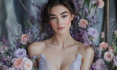 Naklejka premium A woman is surrounded by flowers and is wearing a white dress