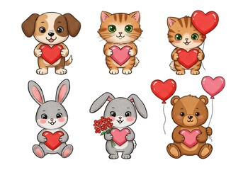 Fototapeta premium Adorable Cartoon Animals with Hearts: A Sweet Valentine's Day Illustration