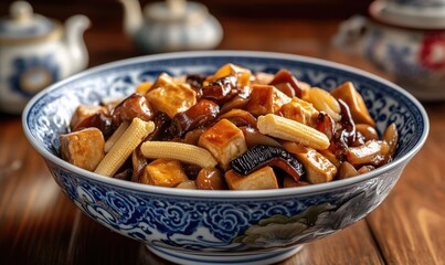 Fototapeta premium A bowl of food with tofu and corn in it