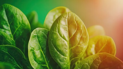 Close-Up of Vibrant Spinach Leaves in Natural Light with Colorful Background