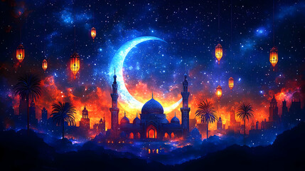 Mystical Ramadan Cityscape Under Crescent Moon