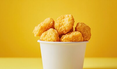 A bowl of fried chicken nuggets sits on a yellow table