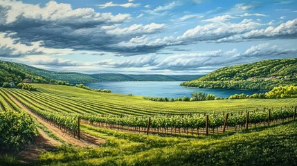 Breathtaking Vineyard Lake Views: Rolling Fields, Lush Green Vines, and Serene Waters in Finger Lakes Wine Country, NY
