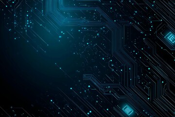 Abstract close-up of a glowing blue digital circuit board, showcasing intricate connections and technological design on a black background.
