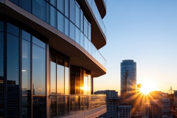A breathtaking sunset view featuring sleek modern buildings with expansive glass windows capturing golden hour light, symbolizing the energy of urban life.