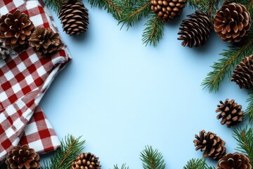 Fototapeta premium Festive frame with pine cones, branches, and plaid fabric on blue.