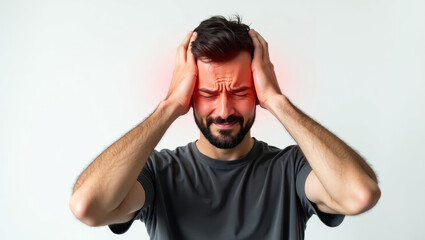 Fototapeta premium A man experiencing severe head pain with a red highlight on the affected area.