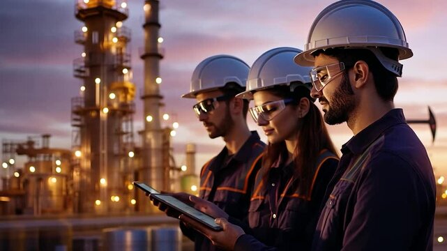 Oil refinery workers review plans at twilight