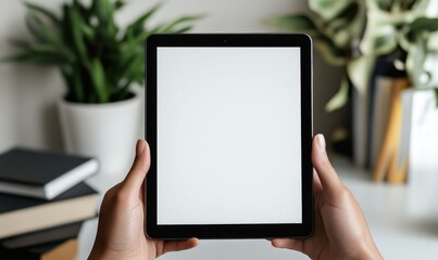 A person is holding a tablet with a white screen