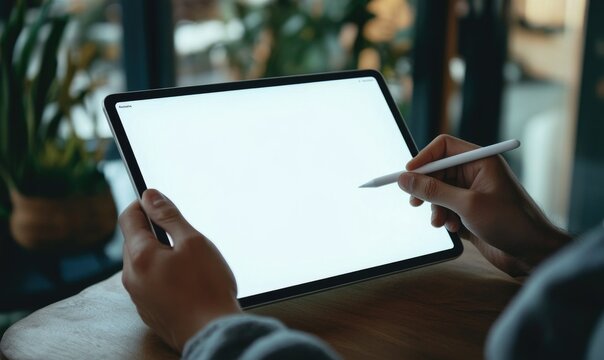 A person is holding a tablet and a pen, possibly writing or drawing on it