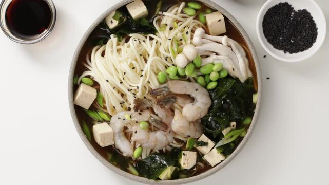 top view miso noodles with seafood and mushrooms feta in bowl foo