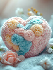 Pastel heart-shaped plush pillow on a soft blanket