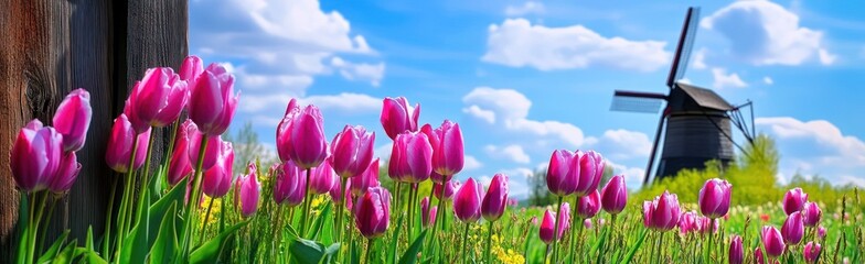 Vibrant Purple Tulips Bloom Near a Rustic Windmill Under a Bright Blue Sky