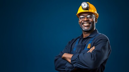 Confident miner in safety gear smiling against blue background. Industrial worker portrait. Professional occupation concept for labor, engineering, construction with copy space