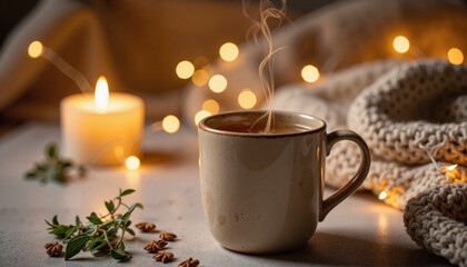 Fototapeta premium Cozy herbal tea steaming in ceramic mug with knitted blanket, warmth