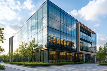 Obraz premium Modern glass office building reflecting blue sky and clouds