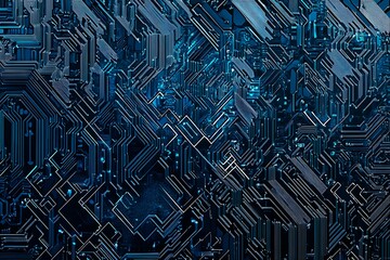 Abstract close-up of a glowing blue digital circuit board, showcasing intricate connections and technological design on a black background.
