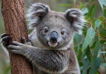 Fototapeta premium Adorable Koala Clinging to Eucalyptus Tree: A Charming Wildlife Portrait