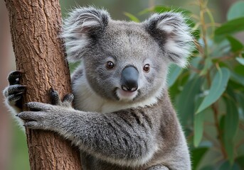 Obraz premium Adorable Koala Clinging to Tree Trunk: A Charming Wildlife Portrait