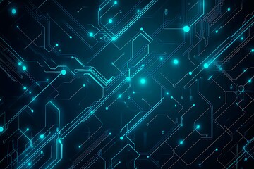Abstract close-up of a glowing blue digital circuit board, showcasing intricate connections and technological design on a black background.
