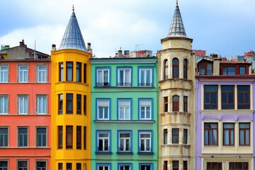 Obraz premium Vibrant Galata Tower Surrounded by Colorful Row Houses in Historic Istanbul, Turkey on a Sunny Day