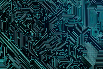 Abstract close-up of a glowing blue digital circuit board, showcasing intricate connections and technological design on a black background.
