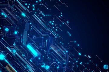 Obraz premium Abstract close-up of a glowing blue digital circuit board, showcasing intricate connections and technological design on a black background. 