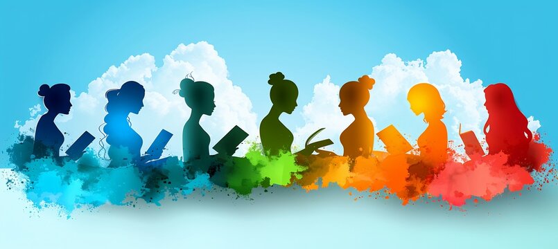 Bright papercutout textbooks diverse faces peeking from between pages emphasize multiculturalism learning and connection offering space for creative text