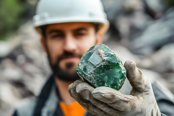 Bearded miner holding large raw emerald gemstone. Geologist examining precious green crystal at excavation site. Mineral exploration and gem mining industry