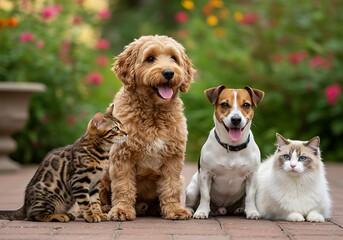 Adorable Pets Posing: A Joyful Garden Portrait