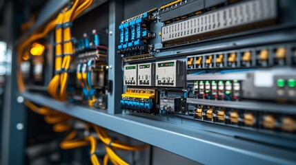 Naklejka premium Electrical cabinet showing automation controller, network switch and cables