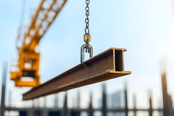 Steel beam lifted by crane against a clear blue sky, construction site in background, emphasizing industrial strength and building progress.