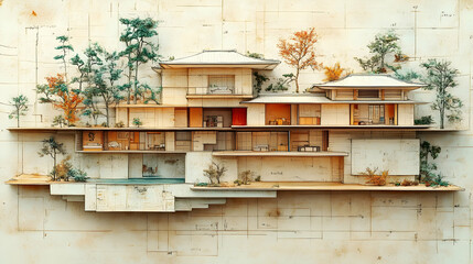 Obraz premium Layered Japanese House Model on Blueprint