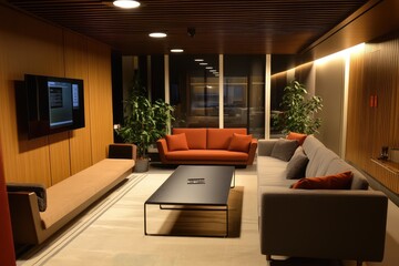 Fototapeta premium Modern boarding room interior with sleek furniture and minimalist design. AI generated illustration.