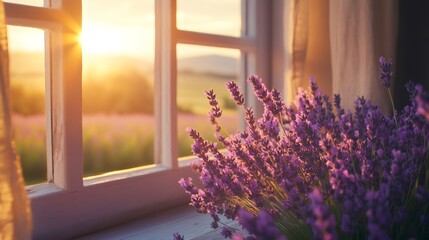 Naklejka premium Lavender bouquet by open window at golden hour sunset