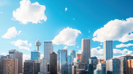 Leader Overlooking a City Skyline from Office Window with Bright Blue Sky