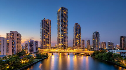 Fototapeta premium Miami skyline cityscape at twilight over canal
