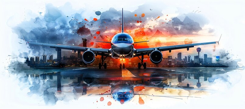 Students boarding airplane in an abstract watercolor scene surrounded by cultural symbols like books and monuments convey exploration and learning with room for messaging