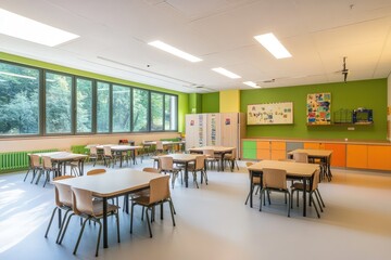 Fototapeta premium Modern classroom interior with clean design and functional furniture. AI generated illustration.