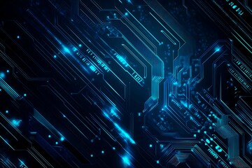 Obraz premium Abstract close-up of a glowing blue digital circuit board, showcasing intricate connections and technological design on a black background. 