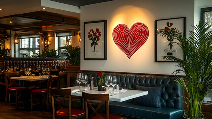 Romantic restaurant interior with heart art